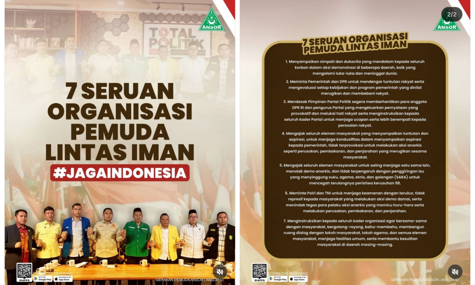 Pemuda Lintas Iman Serukan 7 Poin Jaga Indonesia: Tolak Anarki, Dukung Demokrasi Damai
