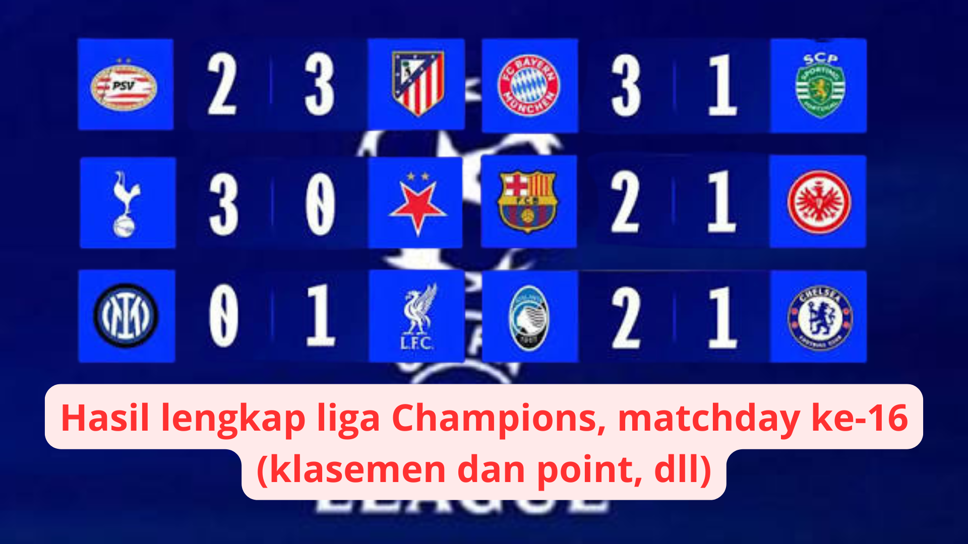 Hasil lengkap liga Champions, matchday ke-16 (klasemen dan point, dll)